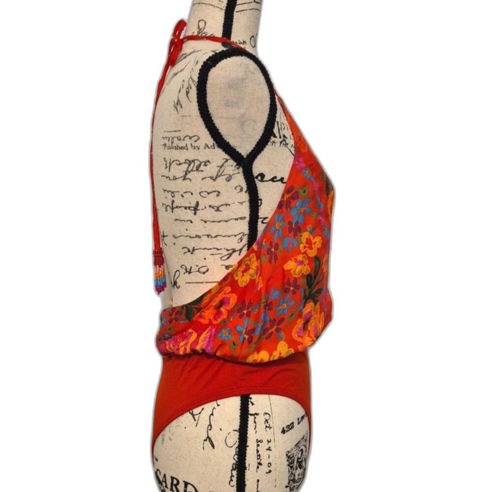 FARM Rio Floral Patchwork Bodysuit Small Red Tropical Boho Surplice Cami - Picture 3 of 14